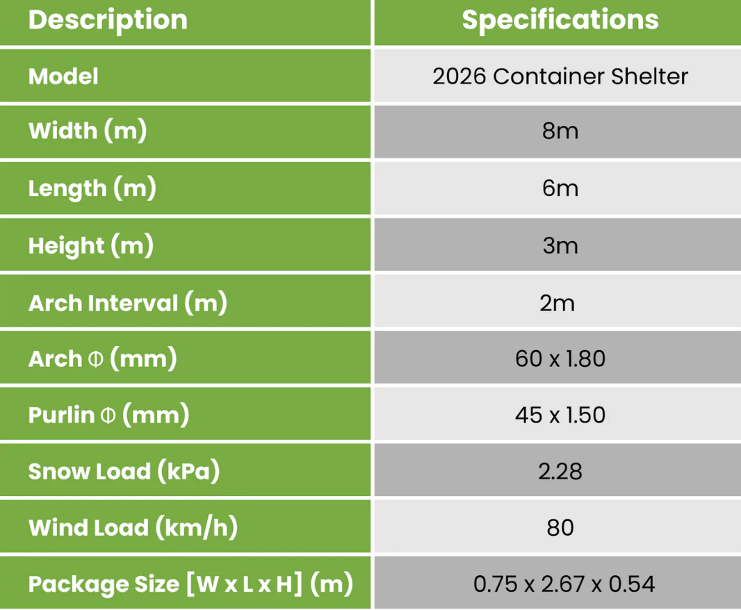 displaying a specification table for a C2026 container canopy. The table includes rows and columns detailing dimensions, material types, color options, frame construction, and additional features such as UV resistance and waterproofing. The background is plain to enhance readability.